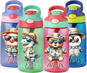 Personalized 16oz Kids Water Bottle, Custom Colorful Cartoon and Name on Plastic Water Bottle with Silicone Straw and Handle, Leak-Proof Pop-Up Spout Cover (Hawaiian Animal Character)