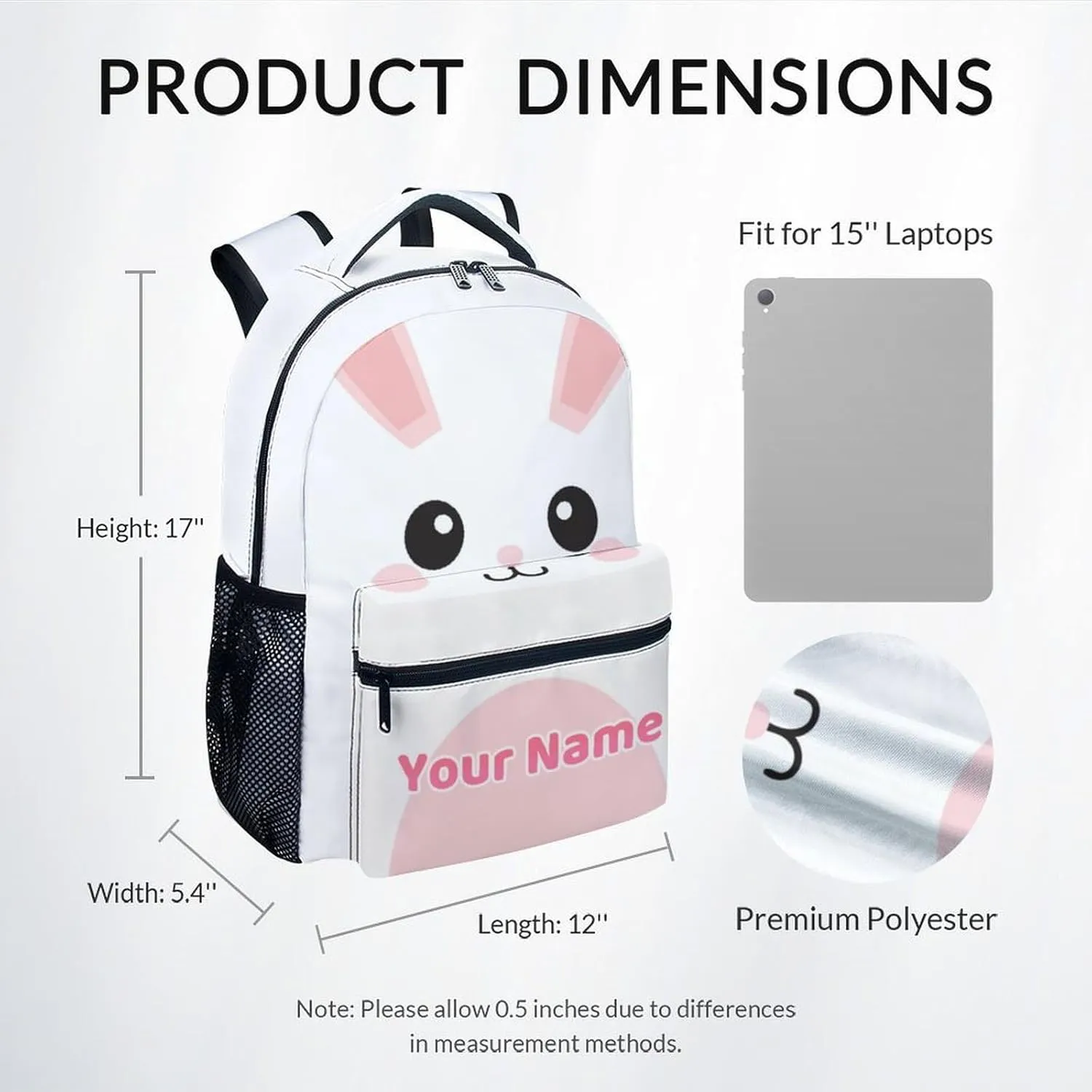 Personalized Backpack - 17 Inch Large Capacity Bunny Bookbag - Lightweight Kids' Backpacks for Elementary, Preschool & Travel