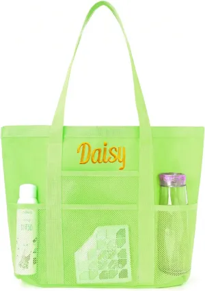 Personalized Beach Tote Bag for Women Custom Embroidered Name Large Mesh Sandproof Swim Bag, Foldable Travel Tote