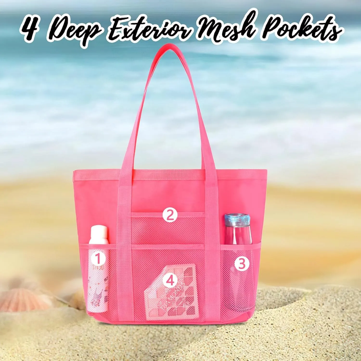 Personalized Beach Tote Bag for Women Custom Embroidered Name Large Mesh Sandproof Swim Bag, Foldable Travel Tote