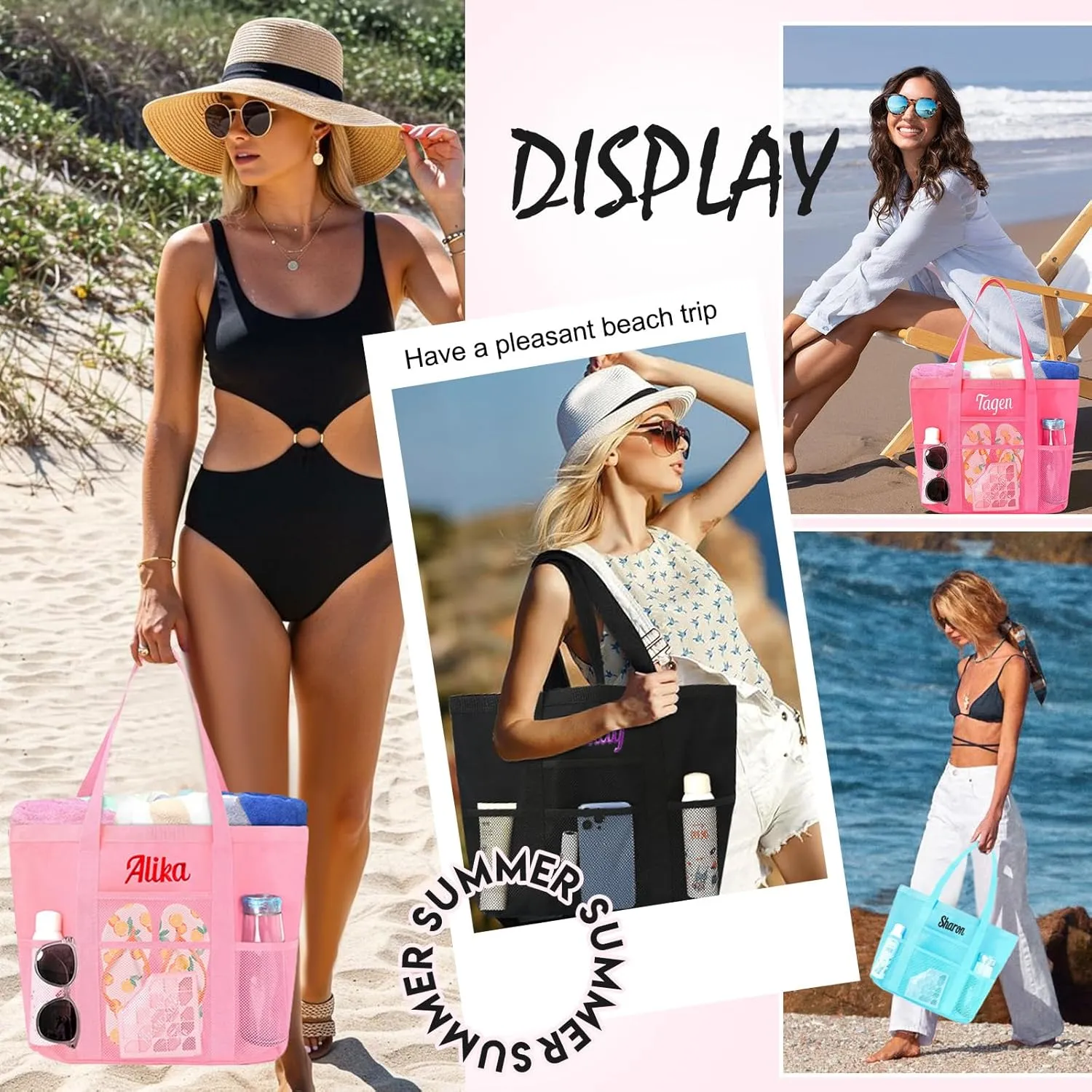Personalized Beach Tote Bag for Women Custom Embroidered Name Large Mesh Sandproof Swim Bag, Foldable Travel Tote