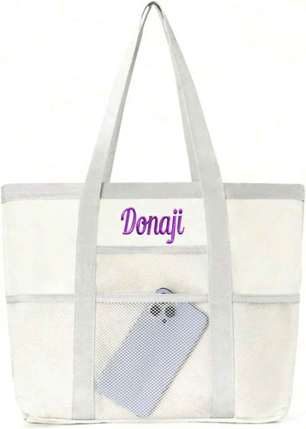 Personalized Beach Tote Bag for Women Custom Embroidered Name Large Mesh Sandproof Swim Bag, Foldable Travel Tote