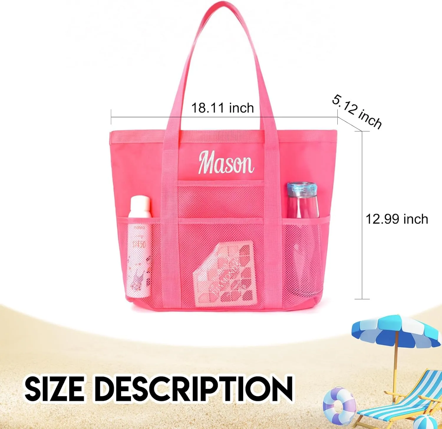 Personalized Beach Tote Bag for Women Custom Embroidered Name Large Mesh Sandproof Swim Bag, Foldable Travel Tote