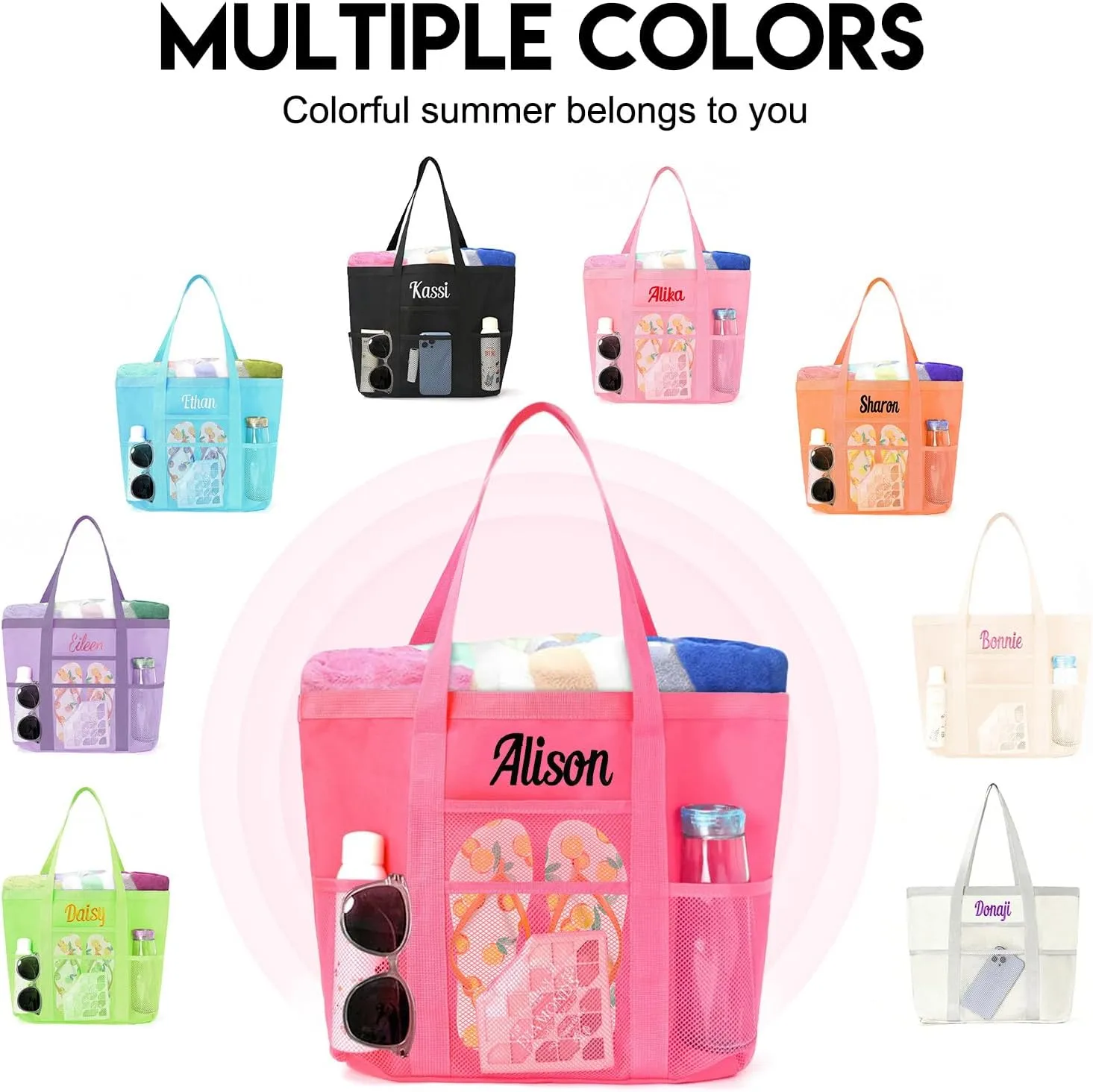 Personalized Beach Tote Bag for Women Custom Embroidered Name Large Mesh Sandproof Swim Bag, Foldable Travel Tote