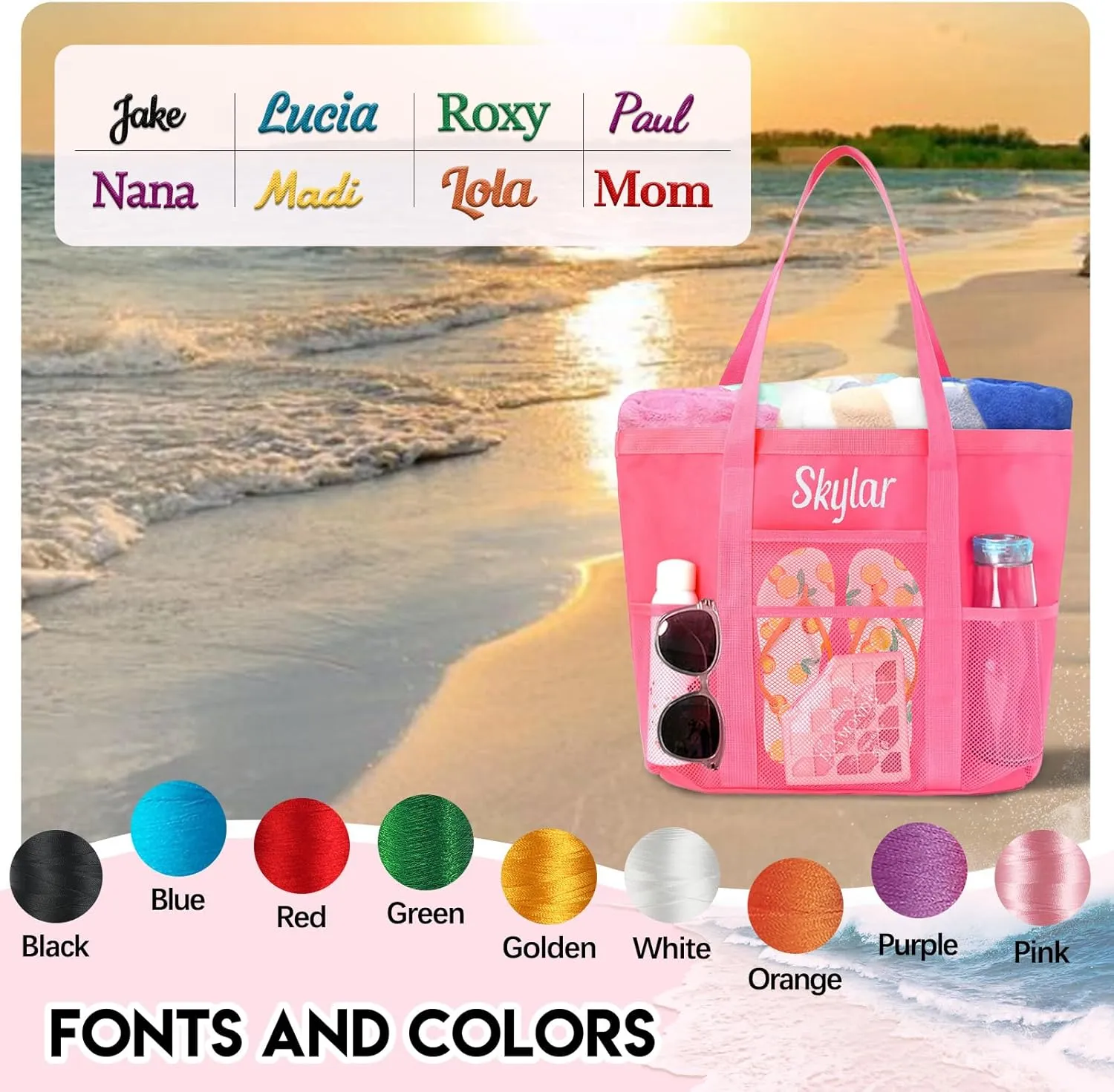 Personalized Beach Tote Bag for Women Custom Embroidered Name Large Mesh Sandproof Swim Bag, Foldable Travel Tote