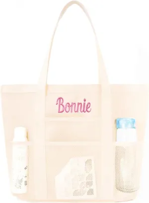Personalized Beach Tote Bag for Women Custom Embroidered Name Large Mesh Sandproof Swim Bag, Foldable Travel Tote