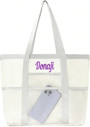 Personalized Beach Tote Bag for Women Custom Embroidered Name Large Mesh Sandproof Swim Bag, Foldable Travel Tote
