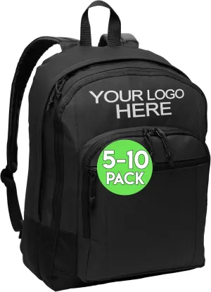 Personalized Customized Basic Classic Black College Backpacks, 5 or 10 Pack - Add Your Embroidered Logo