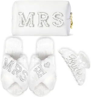 Personalized Initial Letter H Wedding Bride Slippers, Bride to Be Gifts, Bridal Shower Gifts, Bride Hair Clip MRS Makeup Bag