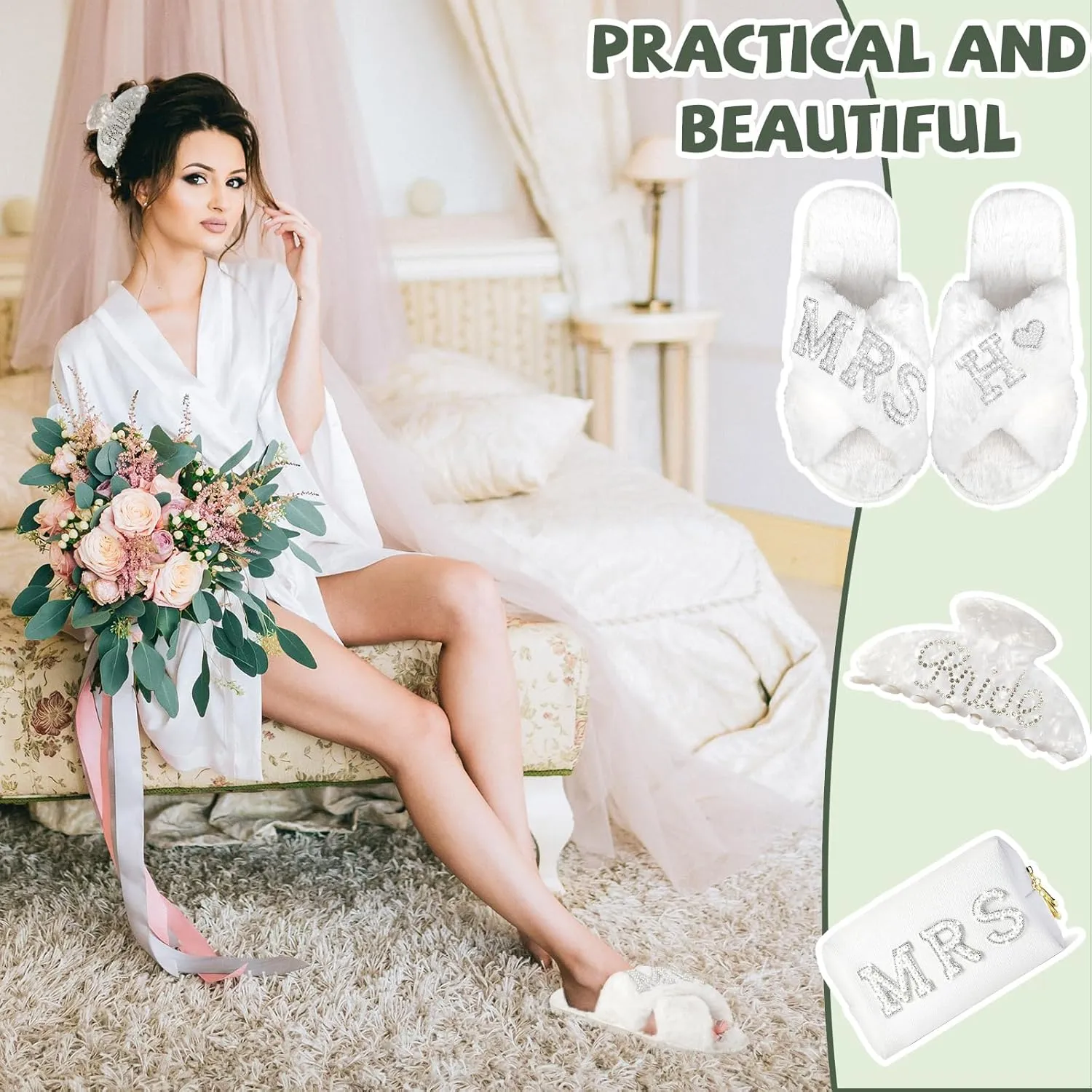 Personalized Initial Letter H Wedding Bride Slippers, Bride to Be Gifts, Bridal Shower Gifts, Bride Hair Clip MRS Makeup Bag