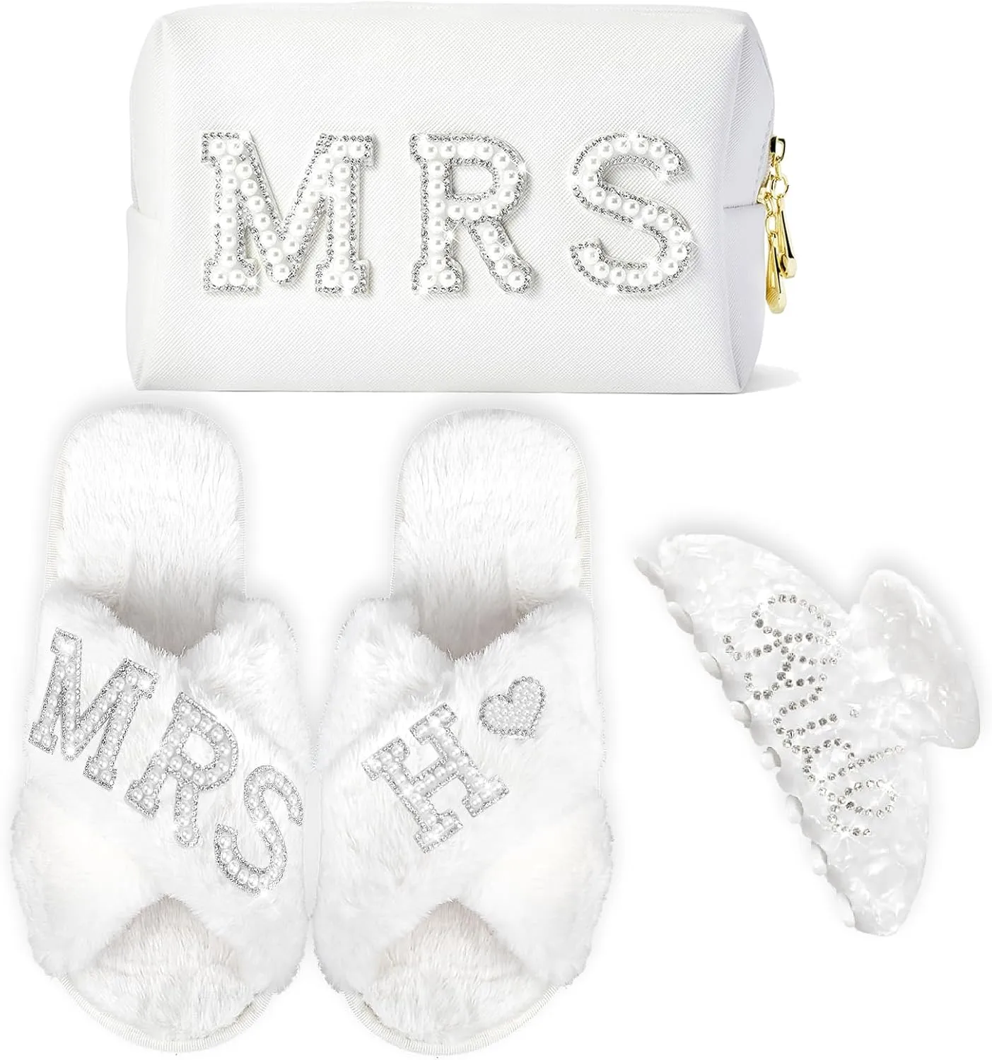 Personalized Initial Letter H Wedding Bride Slippers, Bride to Be Gifts, Bridal Shower Gifts, Bride Hair Clip MRS Makeup Bag