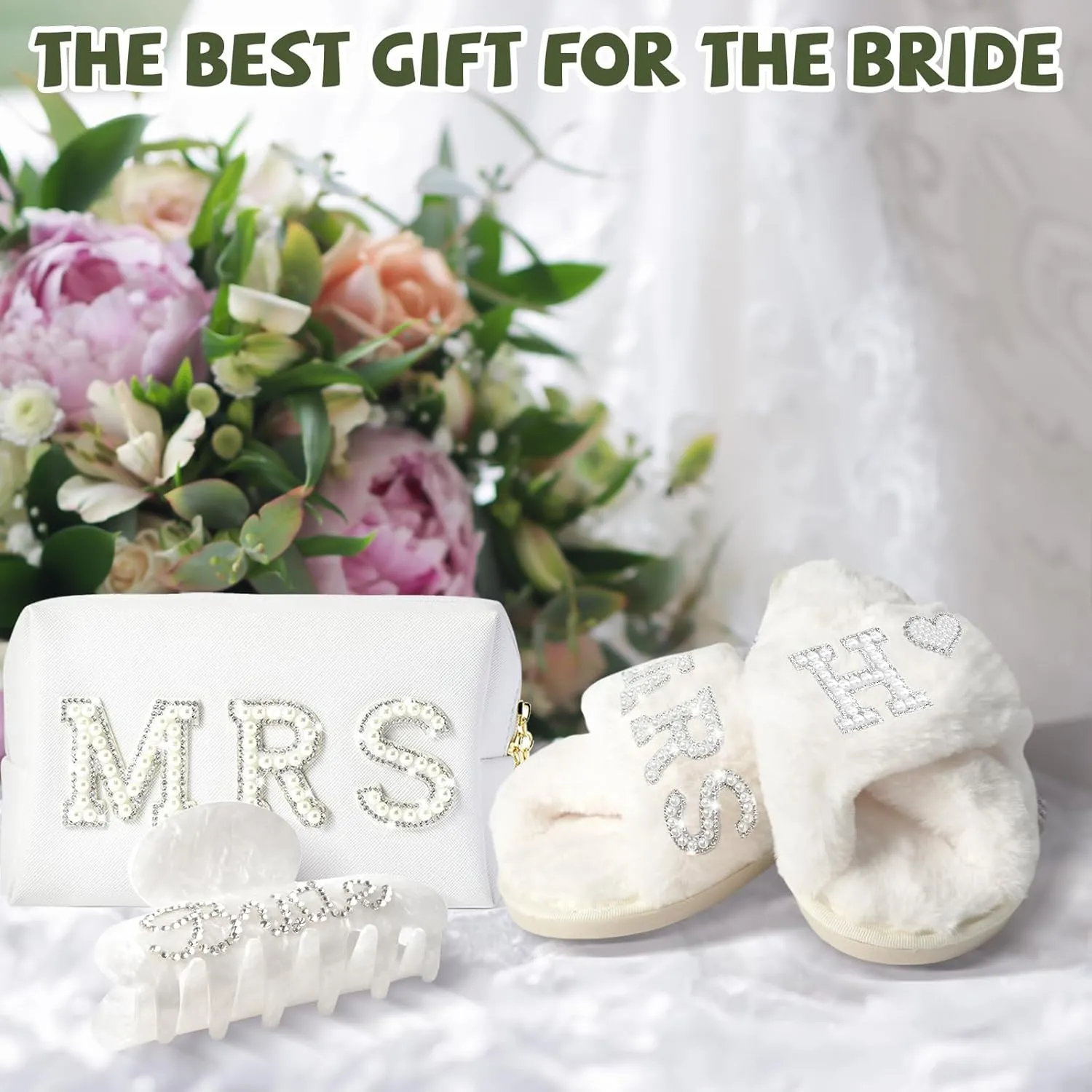 Personalized Initial Letter H Wedding Bride Slippers, Bride to Be Gifts, Bridal Shower Gifts, Bride Hair Clip MRS Makeup Bag