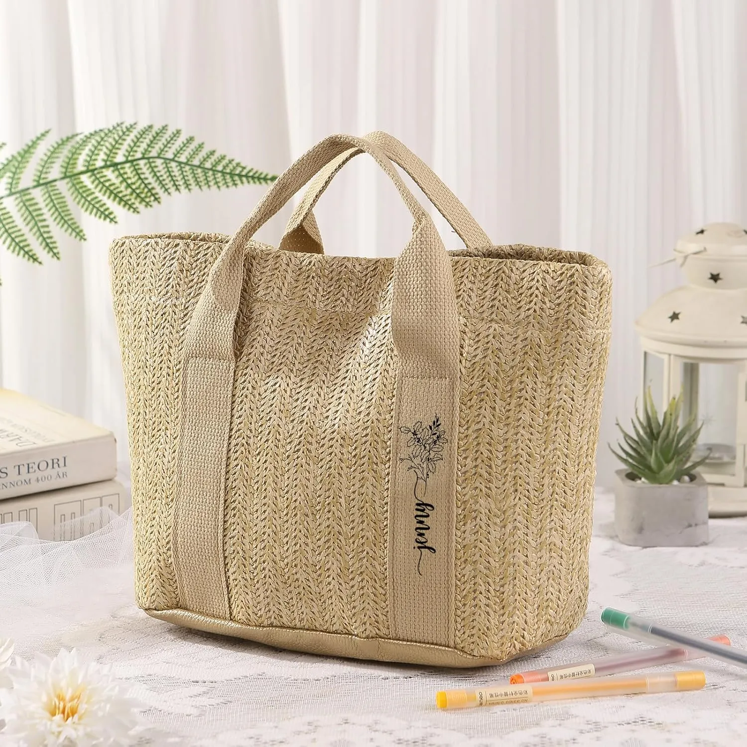 Personalized Straw Tote Bag for Women, Custom Name Beach Bag Large Tote Bag for Women, Teacher, Mother’s Day Gift