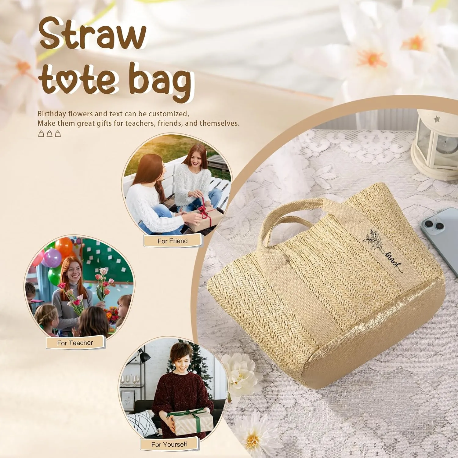 Personalized Straw Tote Bag for Women, Custom Name Beach Bag Large Tote Bag for Women, Teacher, Mother’s Day Gift