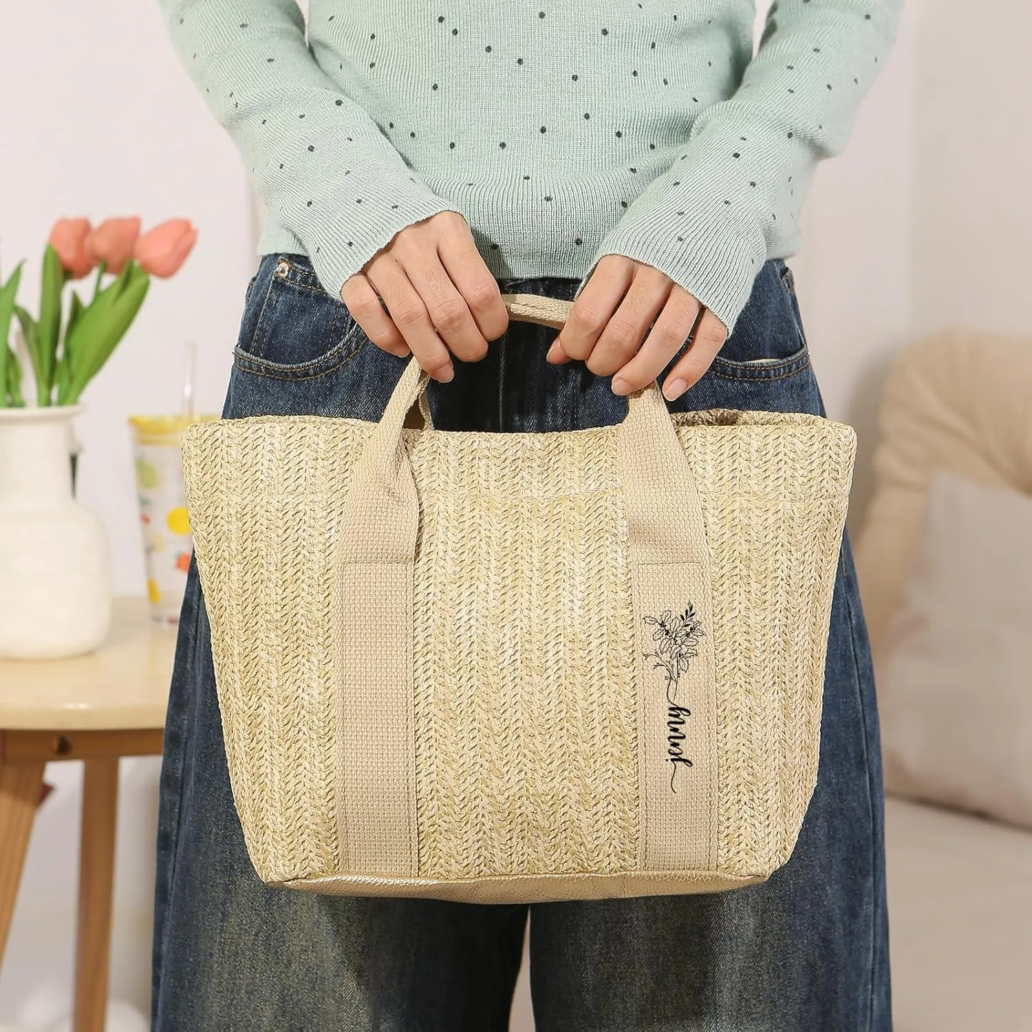 Personalized Straw Tote Bag for Women, Custom Name Beach Bag Large Tote Bag for Women, Teacher, Mother’s Day Gift