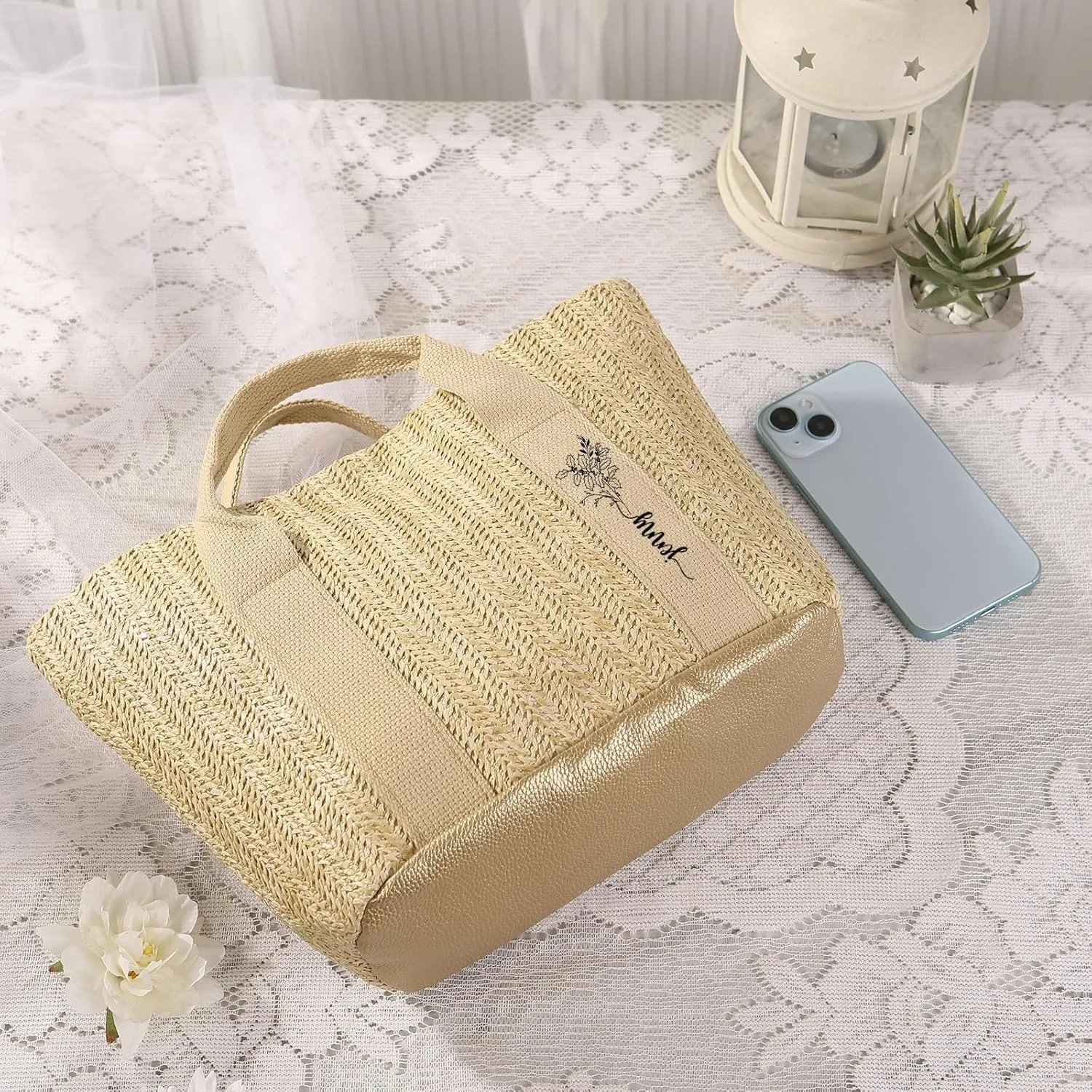 Personalized Straw Tote Bag for Women, Custom Name Beach Bag Large Tote Bag for Women, Teacher, Mother’s Day Gift