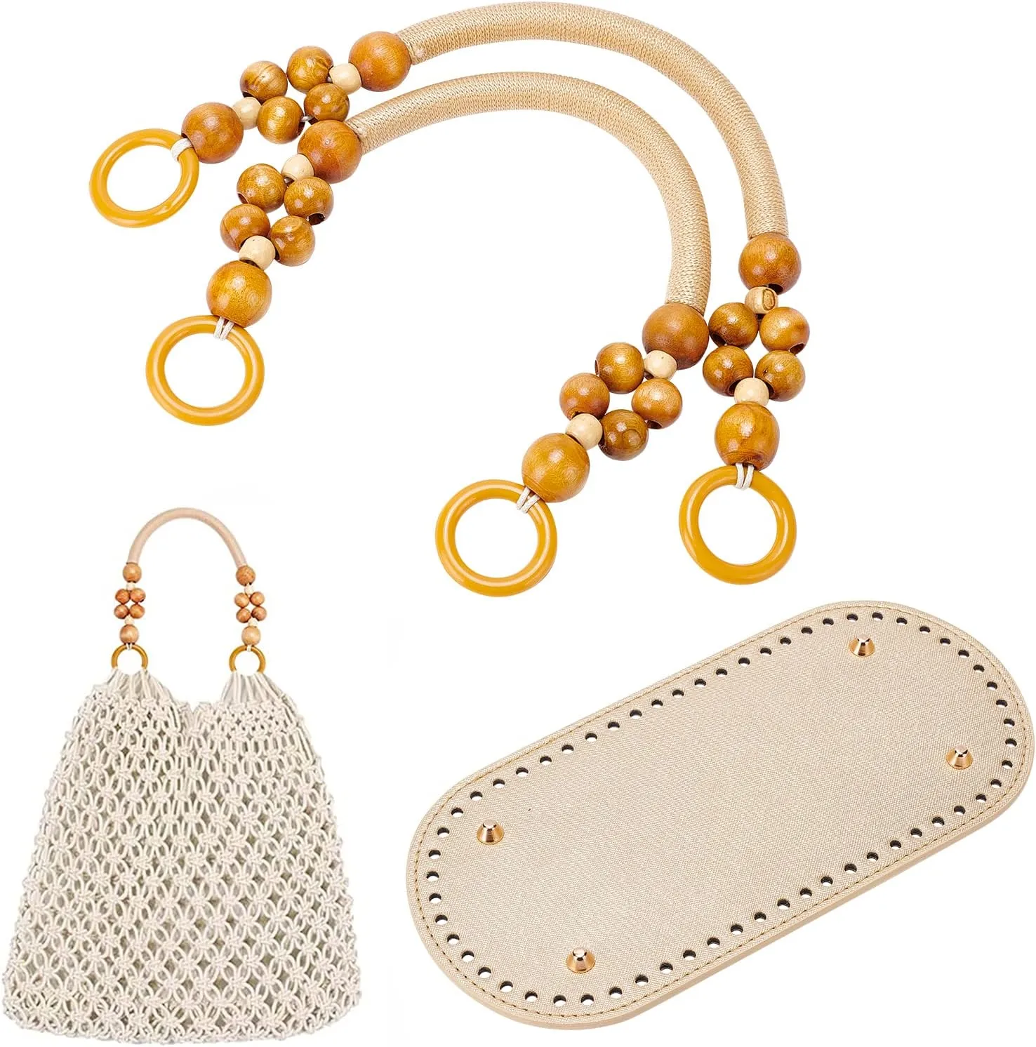 PH PandaHall Crochet Bag Bottom with Beaded Bag Handles, Oval PU Leather Bag Bottom Base Pad Shaper Purse Handles Replacement for DIY Customed Bag Shoulder Bags Purse Making