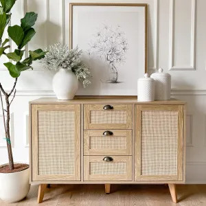 PHI VILLA Rattan Cabinet - Sideboard Buffet Accent Cabinet with Doors and Drawers, Rattan Console Table