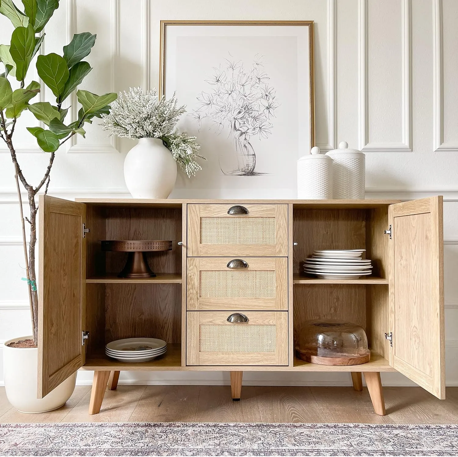 PHI VILLA Rattan Cabinet - Sideboard Buffet Accent Cabinet with Doors and Drawers, Rattan Console Table