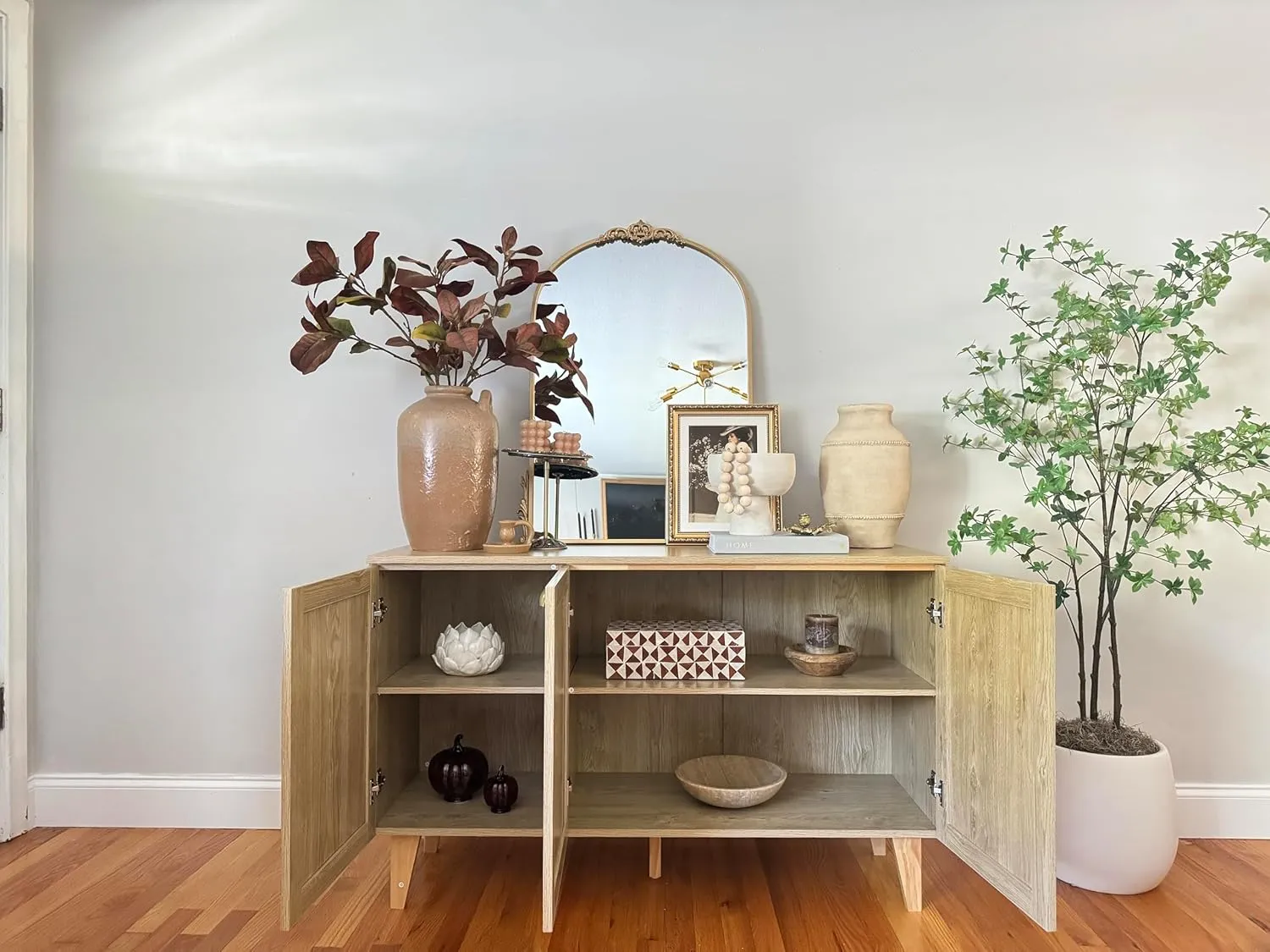 PHI VILLA Rattan Cabinet with Doors, Buffet Sideboard Cabinets Credenza, 3 Door Accent Cabinet