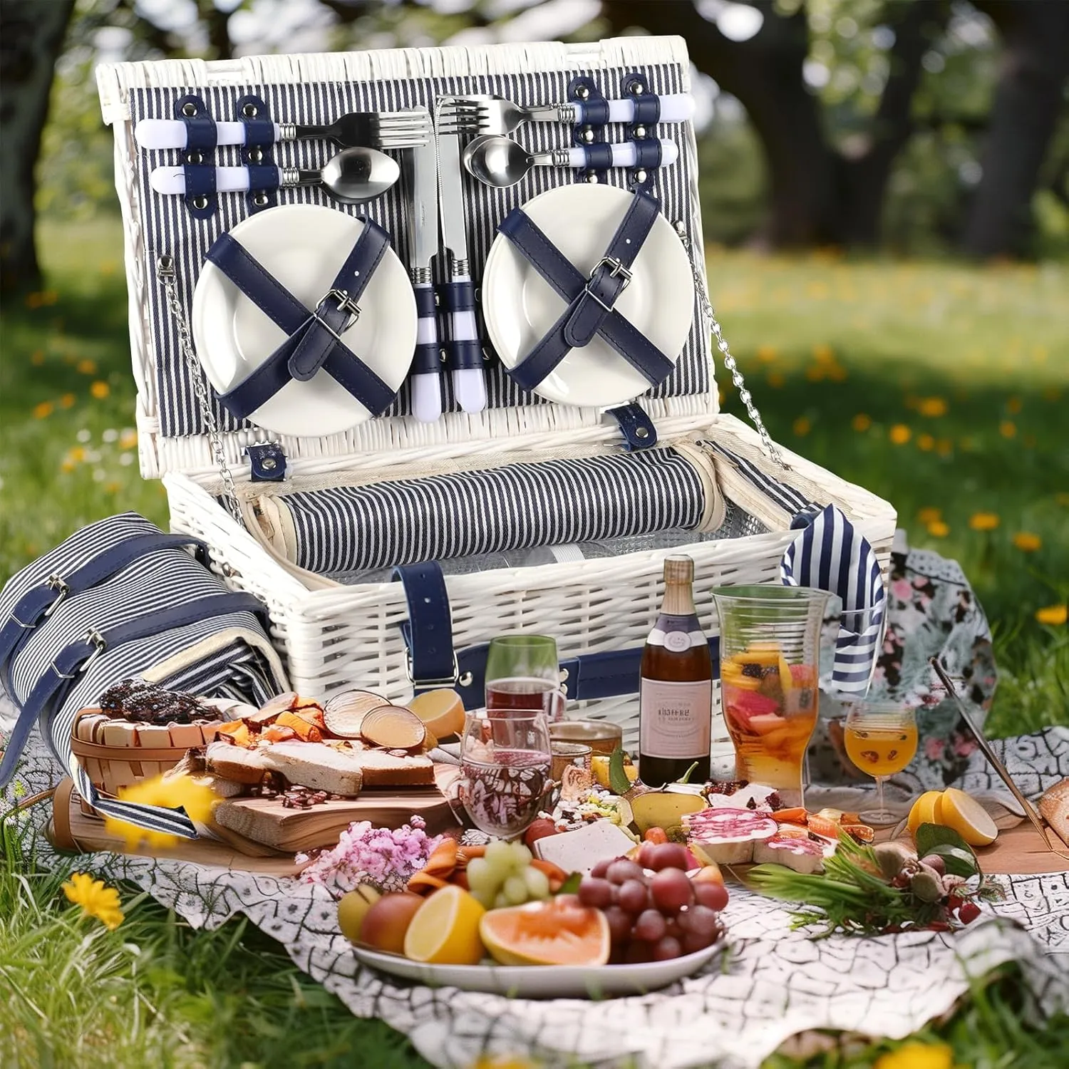 Picnic Basket for 4 Persons Willow Weaving Picnic Set with Cooler Insulation Bag and Waterproof Picnic mat Picnic Baskets for Camping,Wedding,Summer Beach, Outdoor,Birthday Gifts