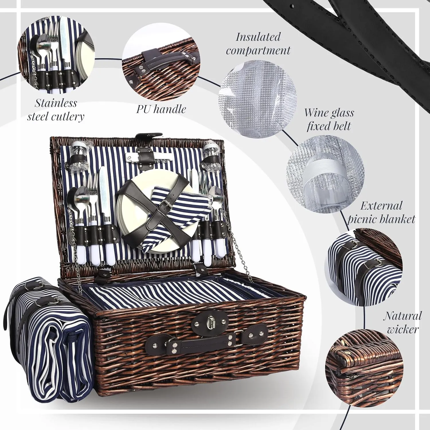 Picnic Basket for 4 Persons Willow Weaving Picnic Set with Cooler Insulation Bag and Waterproof Picnic mat Picnic Baskets for Camping,Wedding,Summer Beach, Outdoor,Birthday Gifts