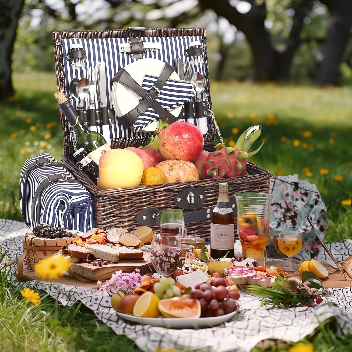 Picnic Basket for 4 Persons Willow Weaving Picnic Set with Cooler Insulation Bag and Waterproof Picnic mat Picnic Baskets for Camping,Wedding,Summer Beach, Outdoor,Birthday Gifts