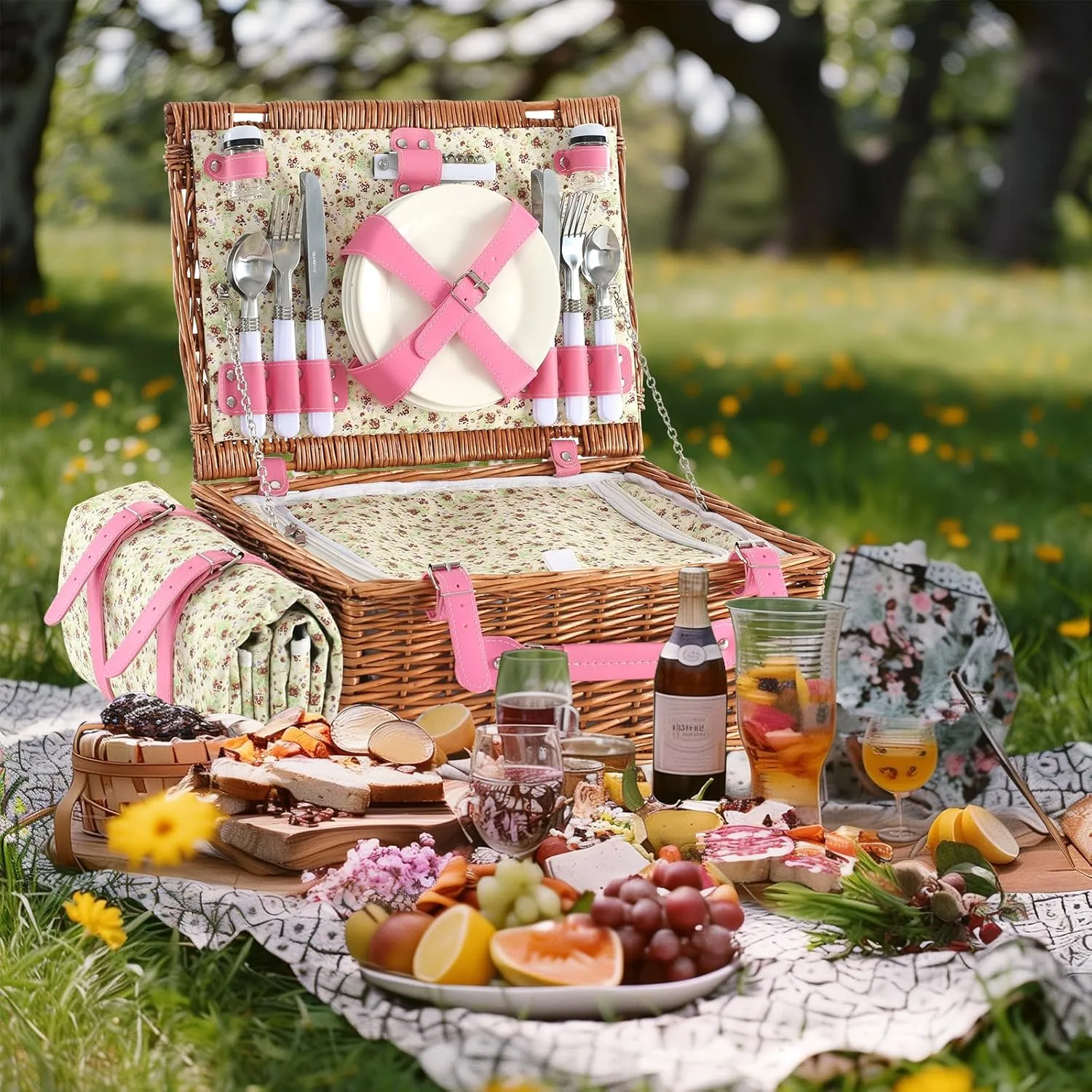 Picnic Basket for 4 Persons Willow Weaving Picnic Set with Cooler Insulation Bag and Waterproof Picnic mat Picnic Baskets for Camping,Wedding,Summer Beach, Outdoor,Birthday Gifts