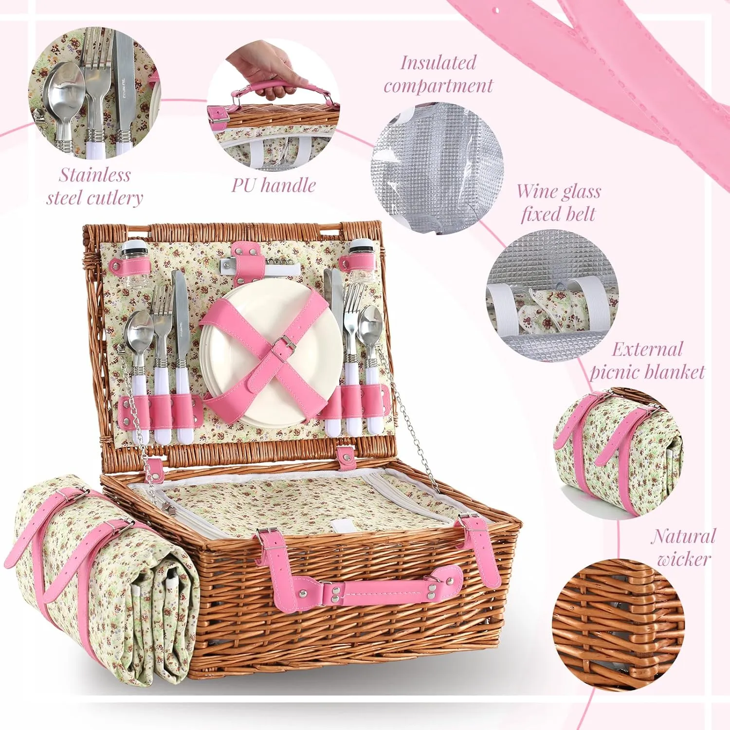 Picnic Basket for 4 Persons Willow Weaving Picnic Set with Cooler Insulation Bag and Waterproof Picnic mat Picnic Baskets for Camping,Wedding,Summer Beach, Outdoor,Birthday Gifts