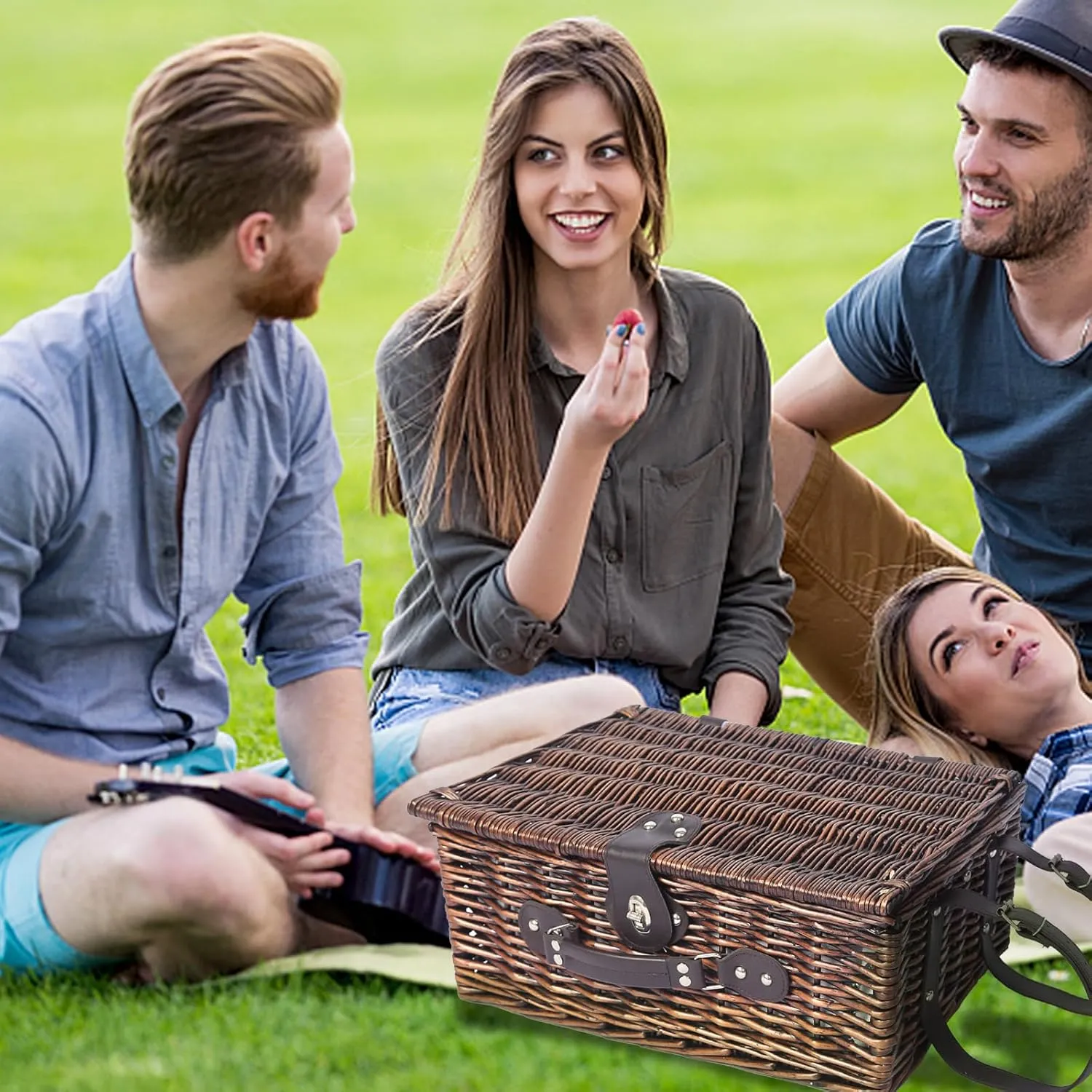 Picnic Basket for 4 Persons Willow Weaving Picnic Set with Cooler Insulation Bag and Waterproof Picnic mat Picnic Baskets for Camping,Wedding,Summer Beach, Outdoor,Birthday Gifts