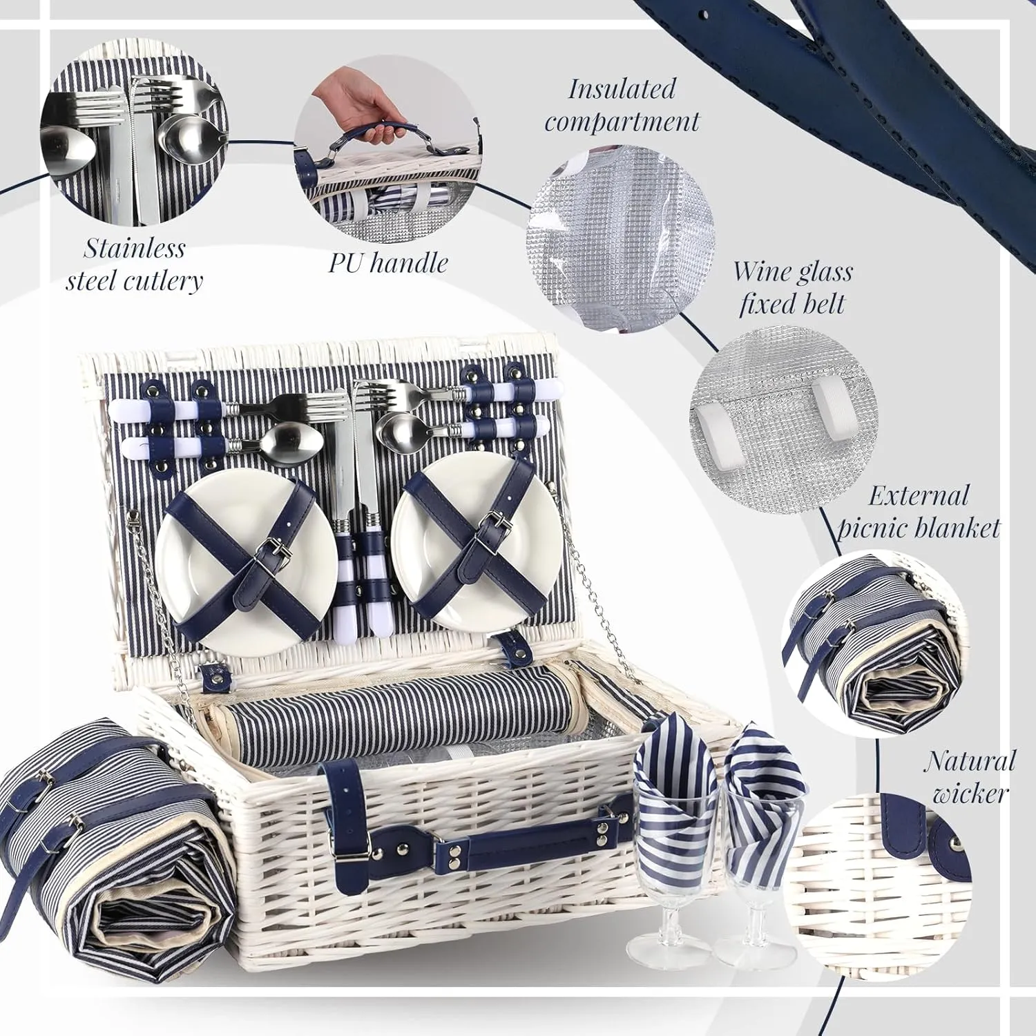 Picnic Basket for 4 Persons Willow Weaving Picnic Set with Cooler Insulation Bag and Waterproof Picnic mat Picnic Baskets for Camping,Wedding,Summer Beach, Outdoor,Birthday Gifts