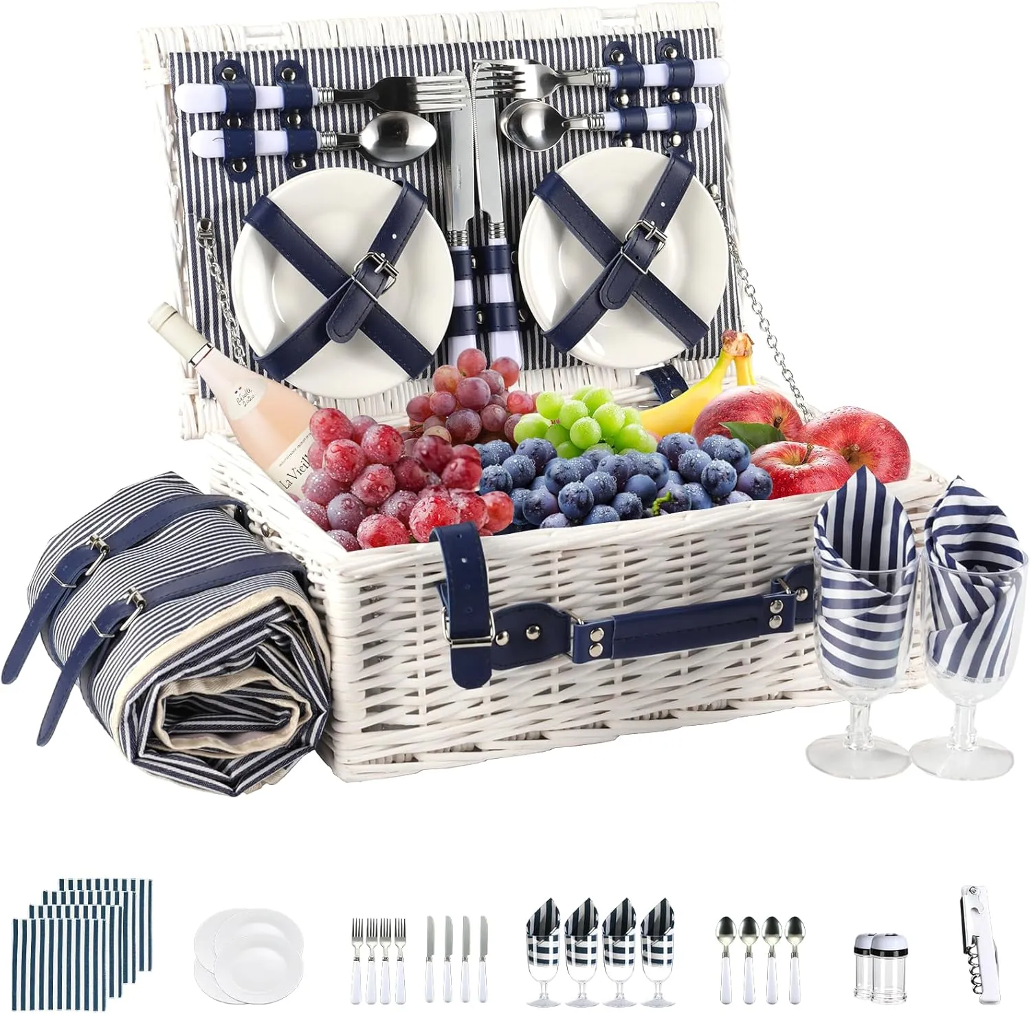 Picnic Basket for 4 Persons Willow Weaving Picnic Set with Cooler Insulation Bag and Waterproof Picnic mat Picnic Baskets for Camping,Wedding,Summer Beach, Outdoor,Birthday Gifts