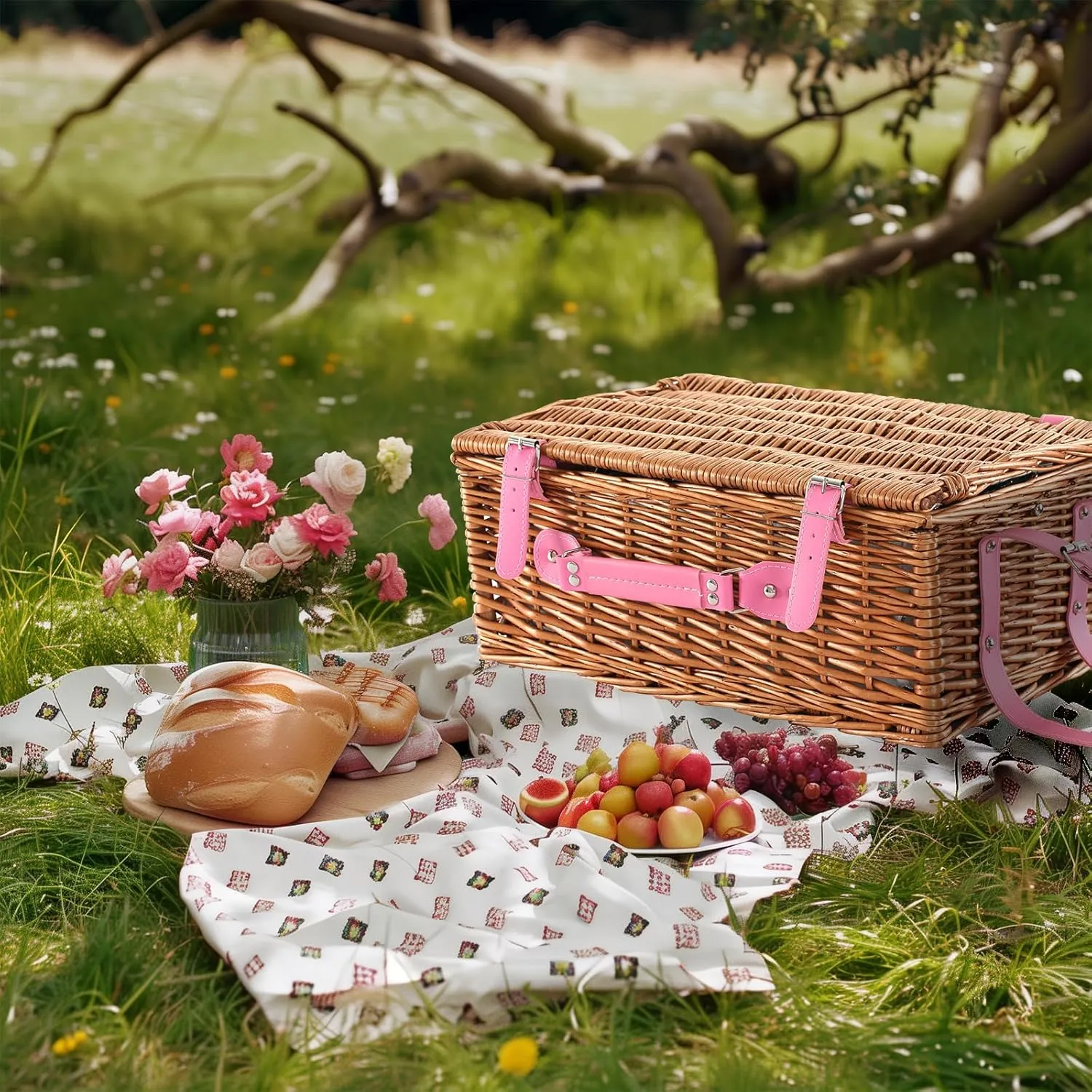 Picnic Basket for 4 Persons Willow Weaving Picnic Set with Cooler Insulation Bag and Waterproof Picnic mat Picnic Baskets for Camping,Wedding,Summer Beach, Outdoor,Birthday Gifts