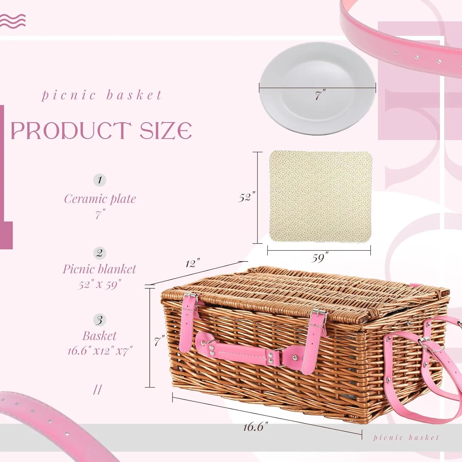 Picnic Basket for 4 Persons Willow Weaving Picnic Set with Cooler Insulation Bag and Waterproof Picnic mat Picnic Baskets for Camping,Wedding,Summer Beach, Outdoor,Birthday Gifts