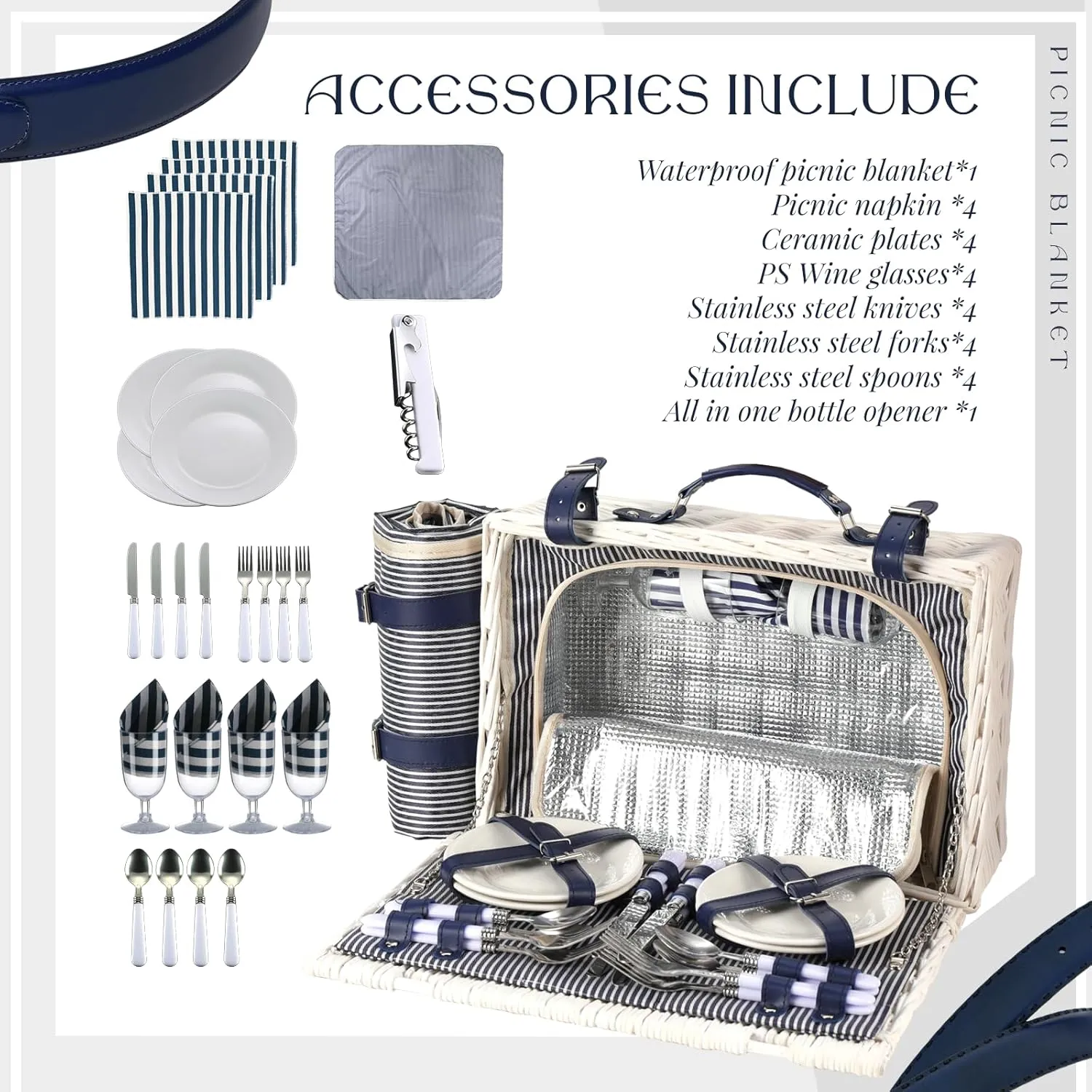 Picnic Basket for 4 Persons Willow Weaving Picnic Set with Cooler Insulation Bag and Waterproof Picnic mat Picnic Baskets for Camping,Wedding,Summer Beach, Outdoor,Birthday Gifts