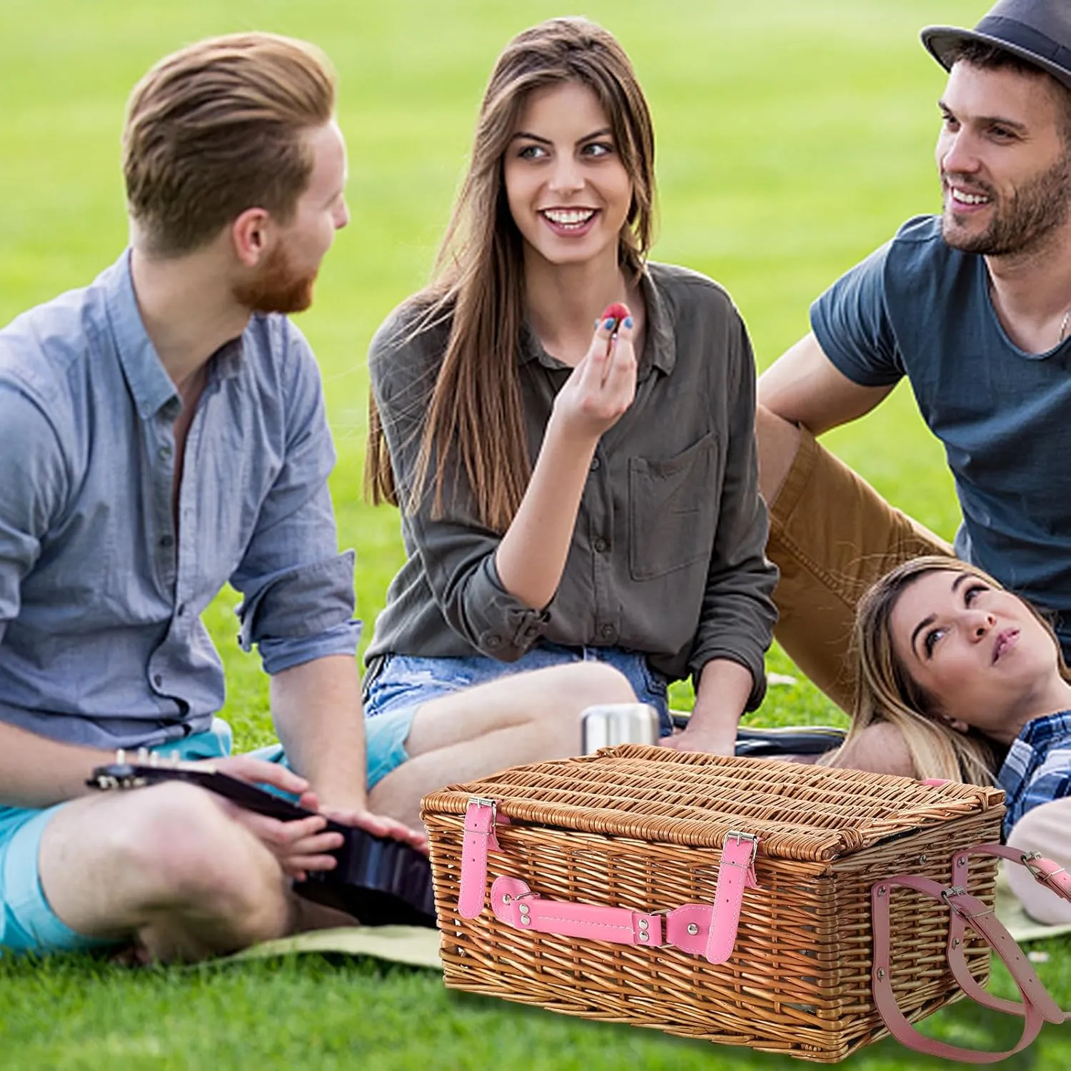 Picnic Basket for 4 Persons Willow Weaving Picnic Set with Cooler Insulation Bag and Waterproof Picnic mat Picnic Baskets for Camping,Wedding,Summer Beach, Outdoor,Birthday Gifts