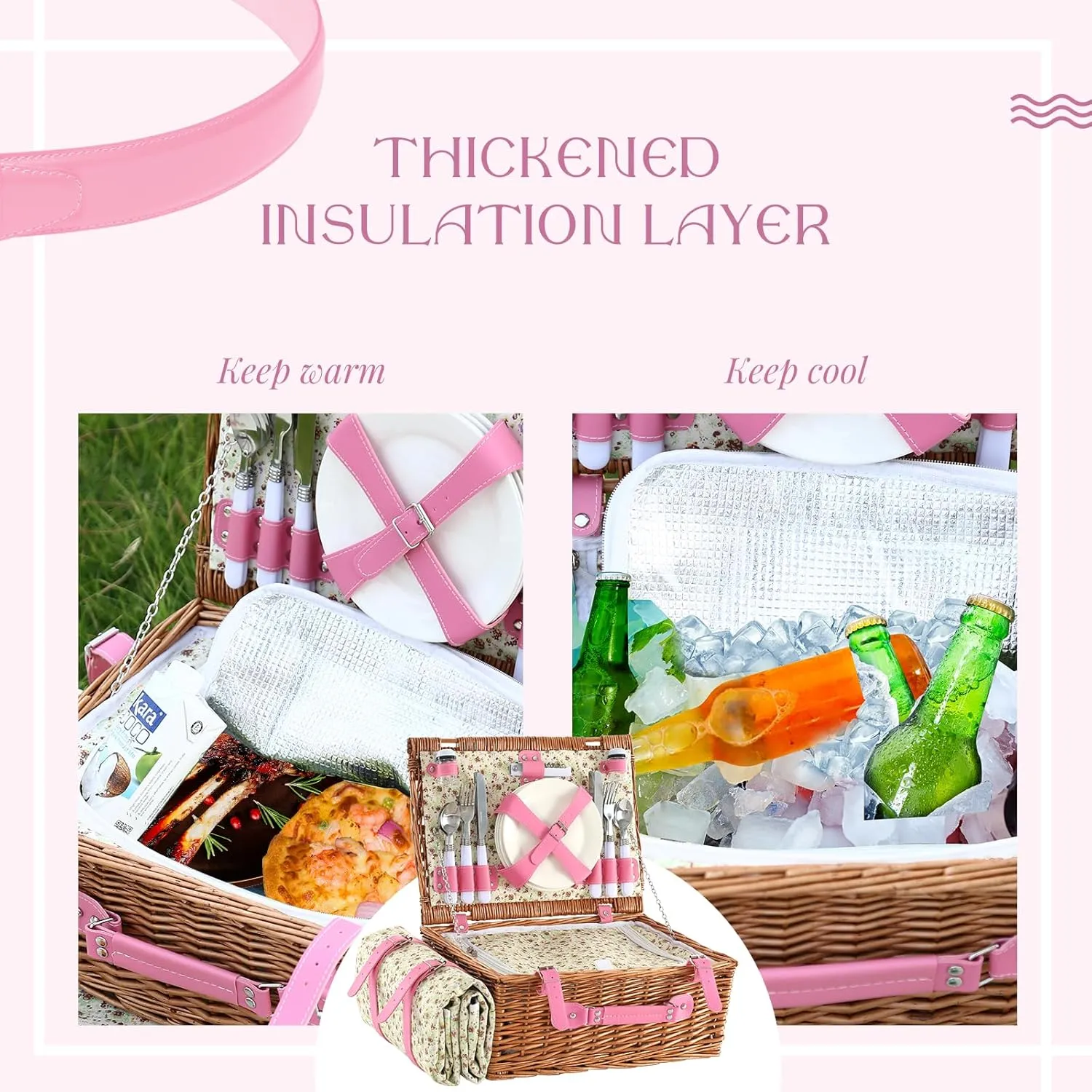 Picnic Basket for 4 Persons Willow Weaving Picnic Set with Cooler Insulation Bag and Waterproof Picnic mat Picnic Baskets for Camping,Wedding,Summer Beach, Outdoor,Birthday Gifts