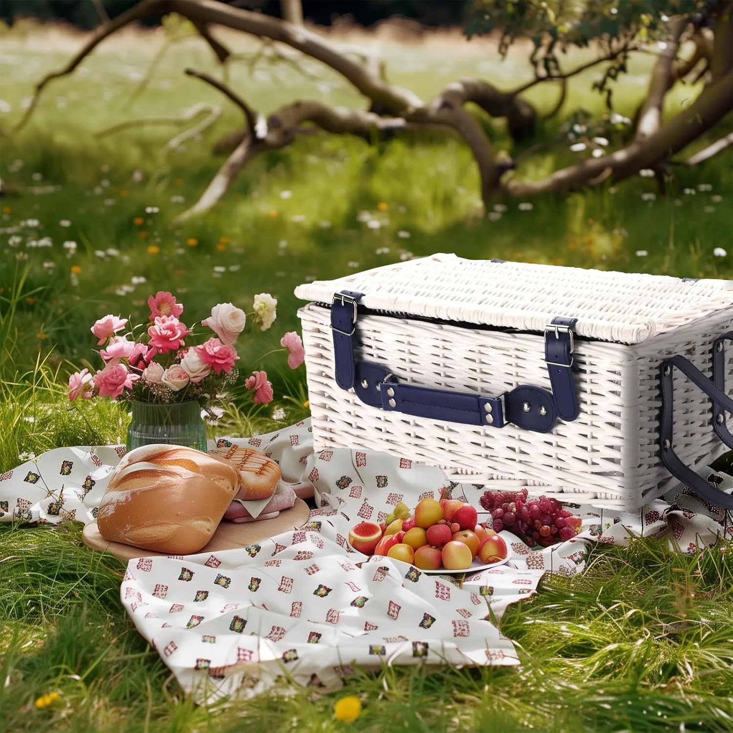 Picnic Basket for 4 Persons Willow Weaving Picnic Set with Cooler Insulation Bag and Waterproof Picnic mat Picnic Baskets for Camping,Wedding,Summer Beach, Outdoor,Birthday Gifts