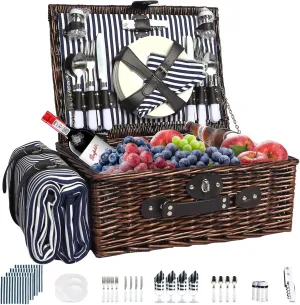 Picnic Basket for 4 Persons Willow Weaving Picnic Set with Cooler Insulation Bag and Waterproof Picnic mat Picnic Baskets for Camping,Wedding,Summer Beach, Outdoor,Birthday Gifts