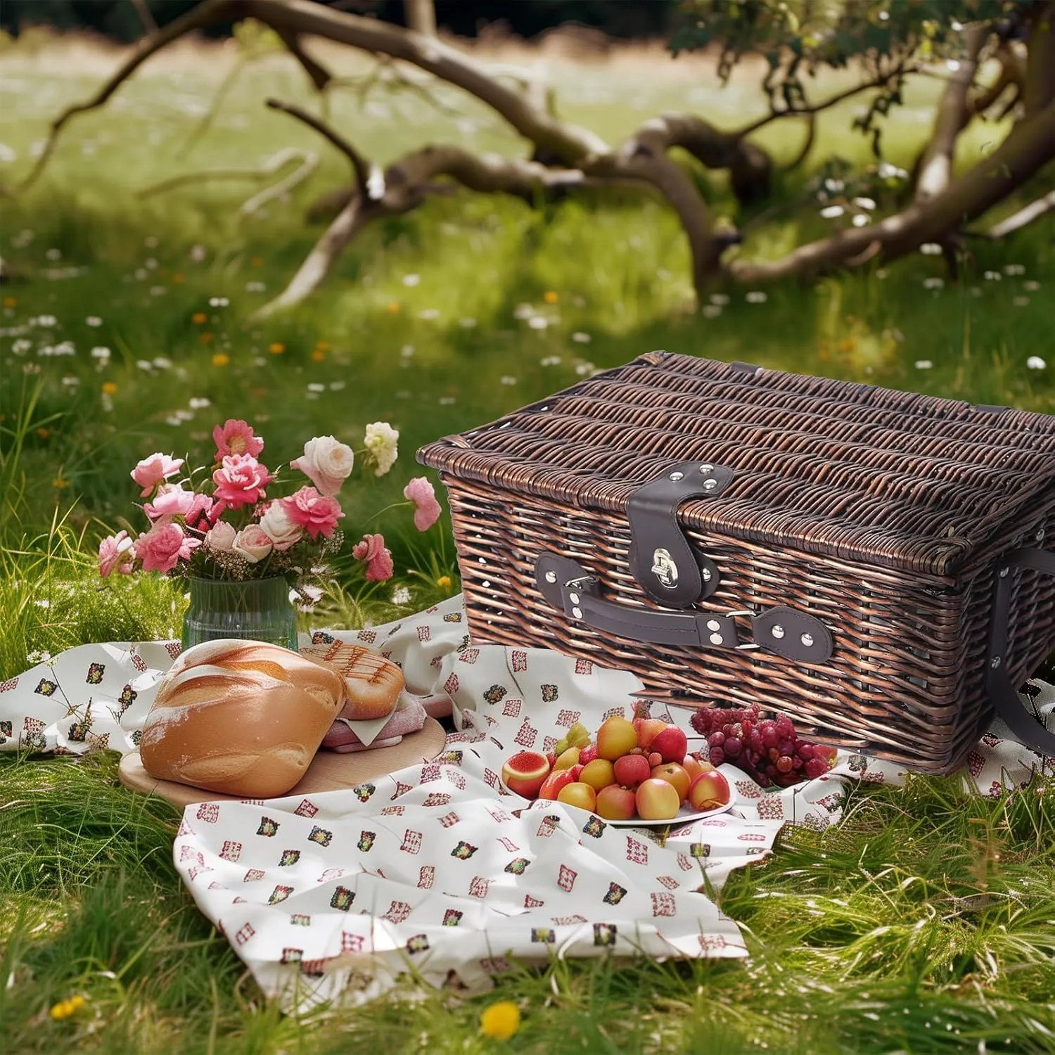 Picnic Basket for 4 Persons Willow Weaving Picnic Set with Cooler Insulation Bag and Waterproof Picnic mat Picnic Baskets for Camping,Wedding,Summer Beach, Outdoor,Birthday Gifts