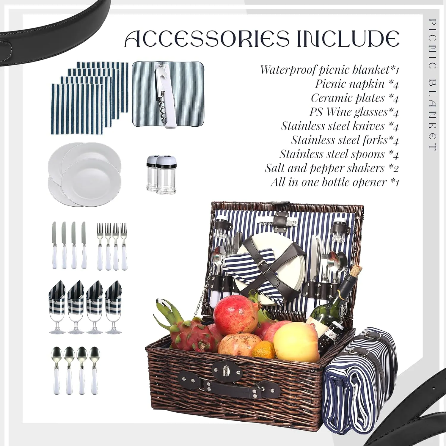 Picnic Basket for 4 Persons Willow Weaving Picnic Set with Cooler Insulation Bag and Waterproof Picnic mat Picnic Baskets for Camping,Wedding,Summer Beach, Outdoor,Birthday Gifts