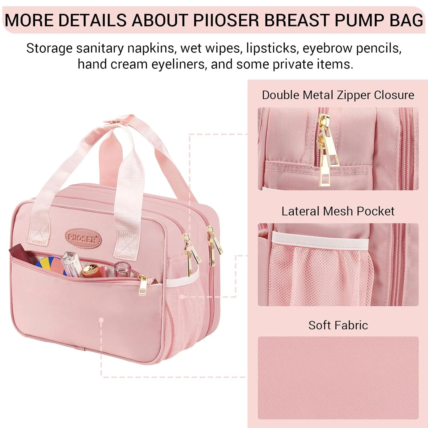 PIIOSER Breastmilk Cooler Bag with Ice Pack, Compatible with Wearable Breast Pumps & Accessories - Portable Pumps Carrying Case for Nursing & Working Moms, Pink