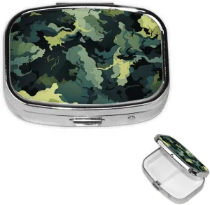 Pill Case with Mirror Retro 2 Compartment Pill Box Black and Green Camouflage Small Pill Organizer for Purse or Pocket Decorative Metal Medicine Vitamin Organizer Unique Gifts