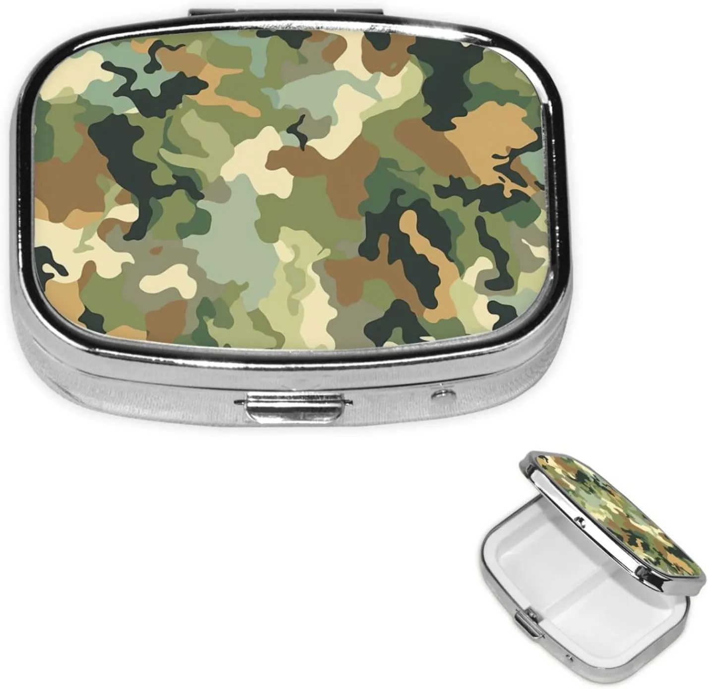 Pill Case with Mirror Retro 2 Compartment Pill Box Green and Brown Camouflage Small Pill Organizer for Purse or Pocket Decorative Metal Medicine Vitamin Organizer Unique Gifts