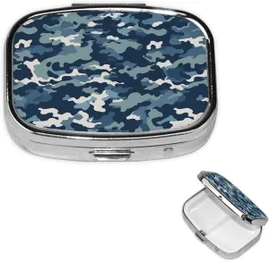 Pill Case with Mirror Retro 2 Compartment Pill Box Navy Camouflage Pattern Small Pill Organizer for Purse or Pocket Decorative Metal Medicine Vitamin Organizer Unique Gifts