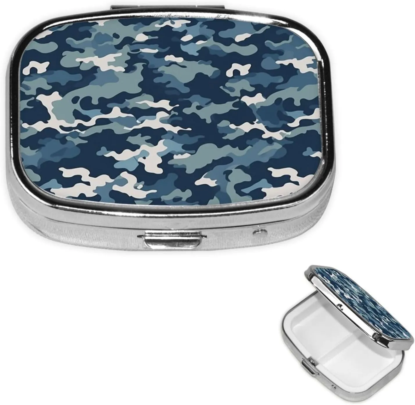 Pill Case with Mirror Retro 2 Compartment Pill Box Navy Camouflage Pattern Small Pill Organizer for Purse or Pocket Decorative Metal Medicine Vitamin Organizer Unique Gifts