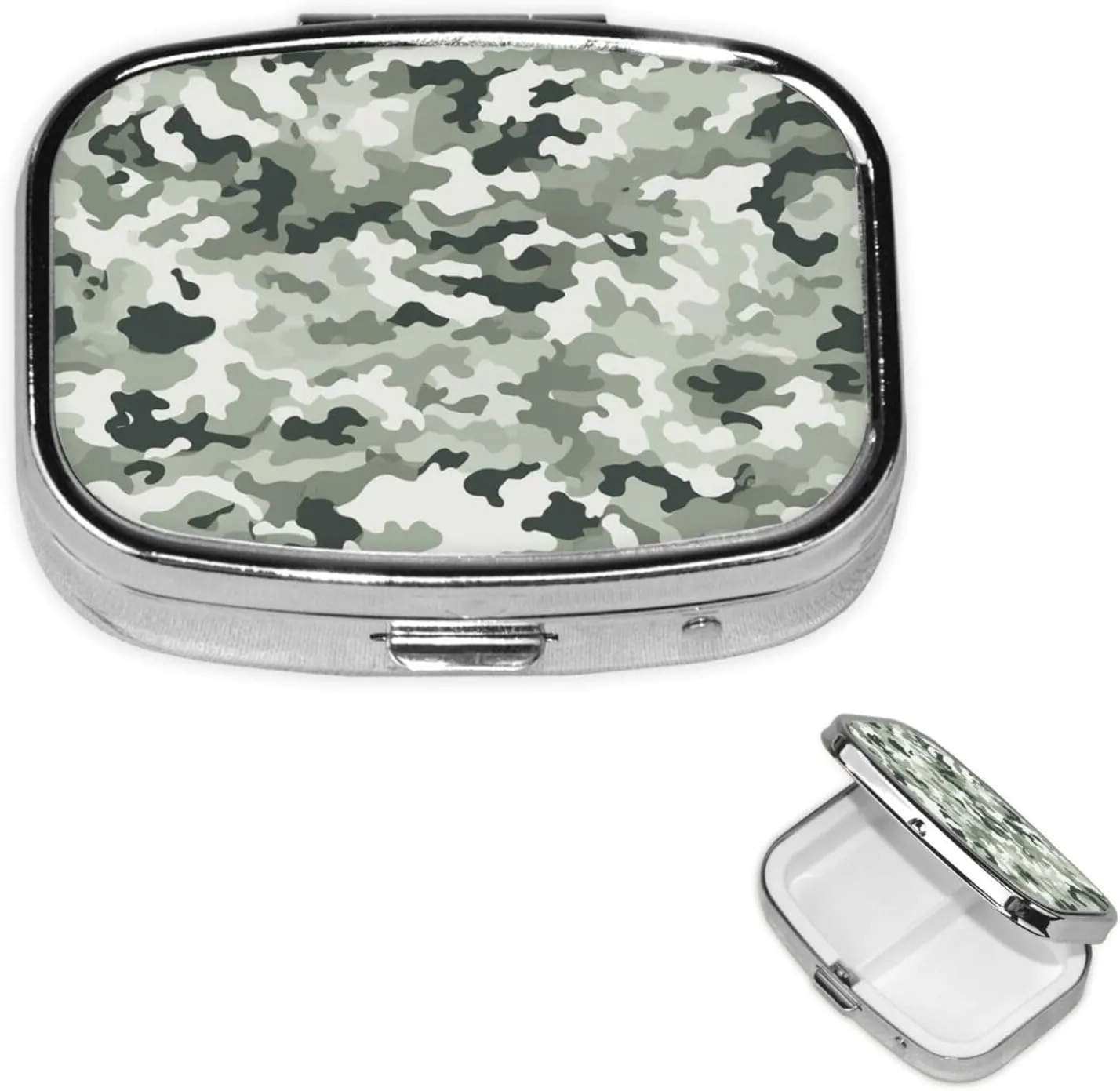Pill Case with Mirror Retro 2 Compartment Pill Box White Camouflage Small Pill Organizer for Purse or Pocket Decorative Metal Medicine Vitamin Organizer Unique Gifts