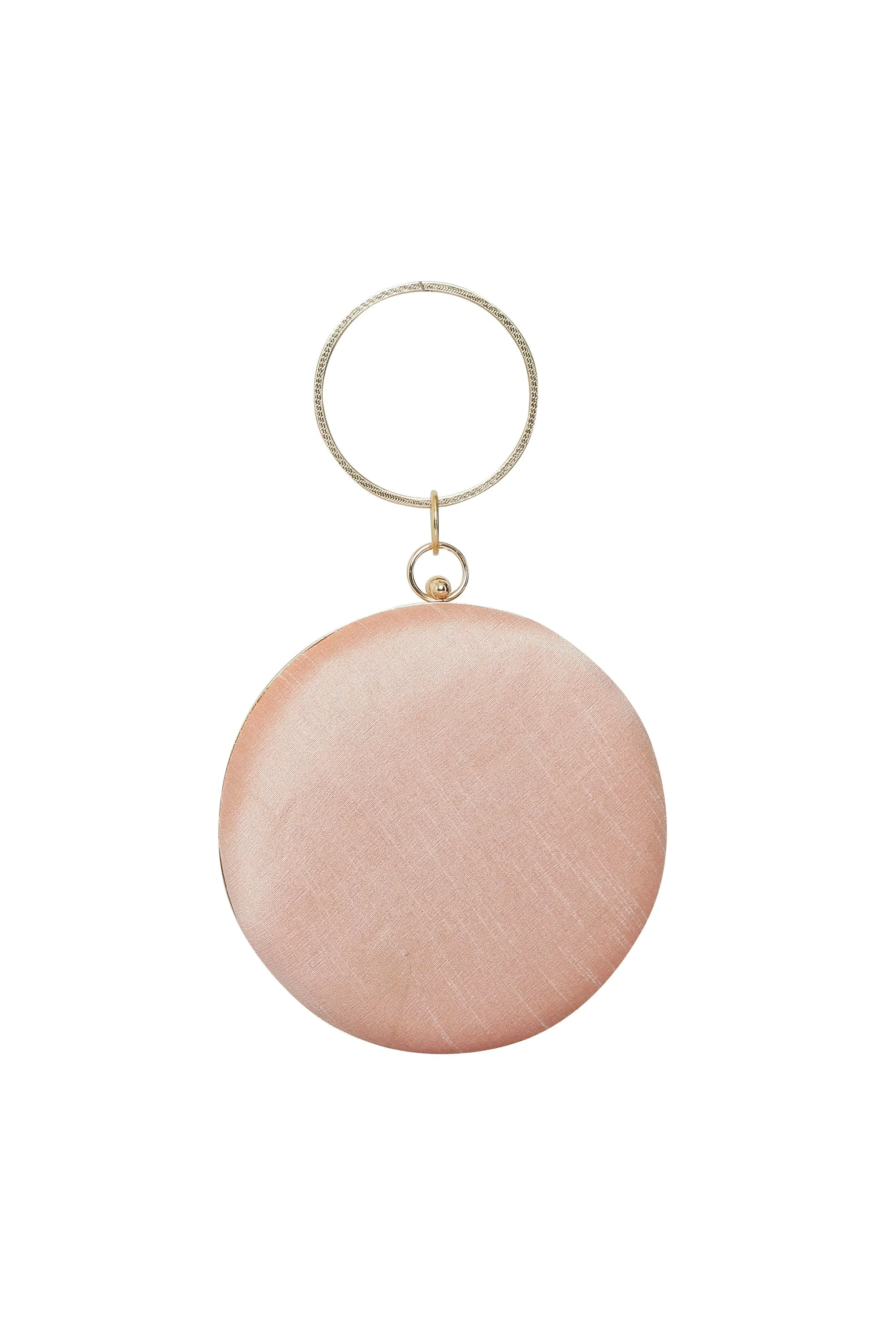Pink Art Silk Embroidered Wedding Fancy Round Clutch