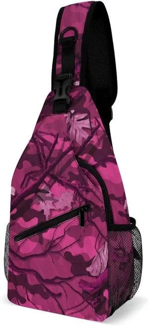 Pink Camouflage Hunting Sling Bag Crossbody for Women Men Lightweight Adjustable Extender Strap Shoulder Backpack with Water Bottle Holder Casual Daypack for Hiking Travel