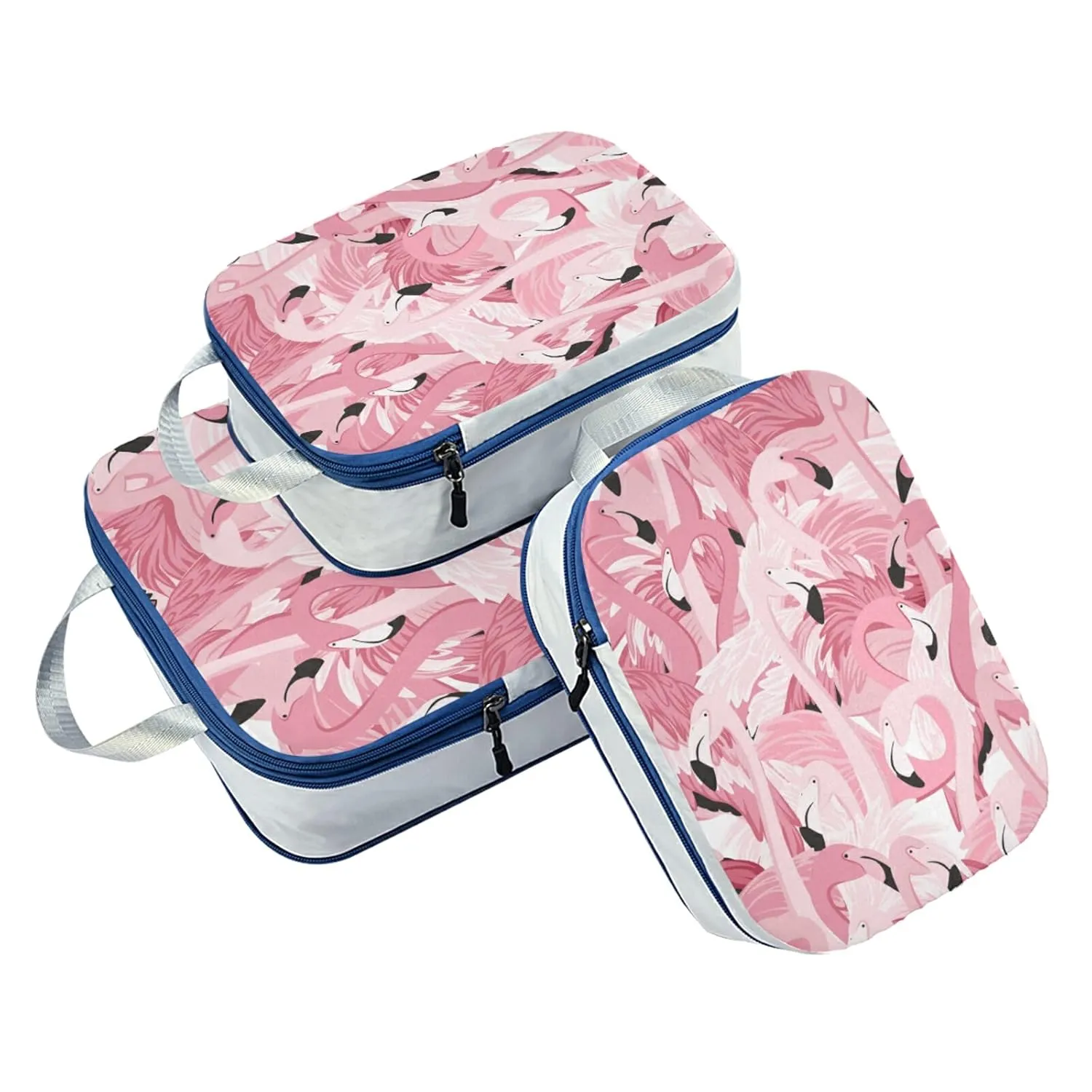 Pink Flamingo Heads Seamless Pattern 3 Piece set Cubes Expandable Adjustable Luggage Packing Bags, Ultralight Organizer Accessories Travel Suitcase Compressible Bags